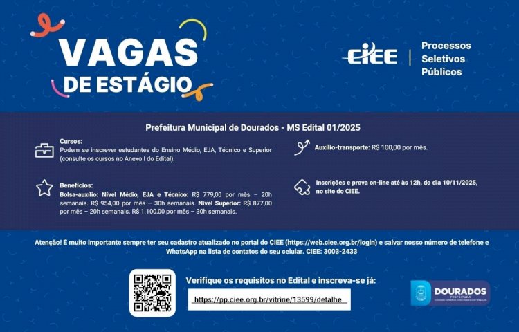 Prefeitura prorroga inscrições para estágio com bolsas de até R$ 1,1 mil